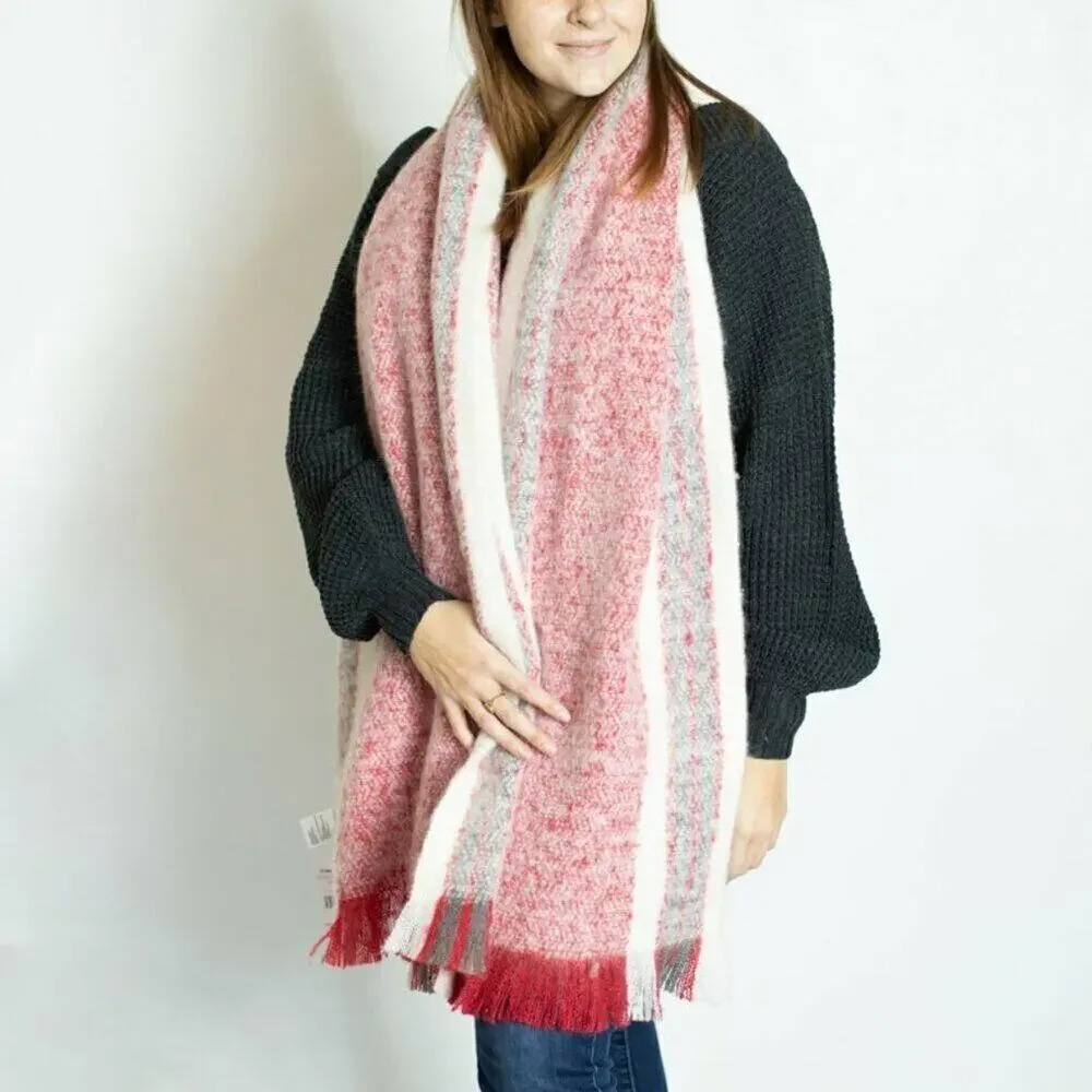 Free People Brushed Racer Stripe Blanket Scarf in‎ Red Combo MSRP $58